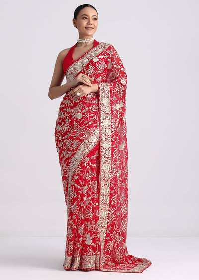 red saree in georgette with parsi gara work-sg267712 6
