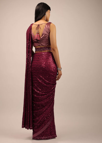 red sequins saree and satin blouse with a waist-sg97000 1