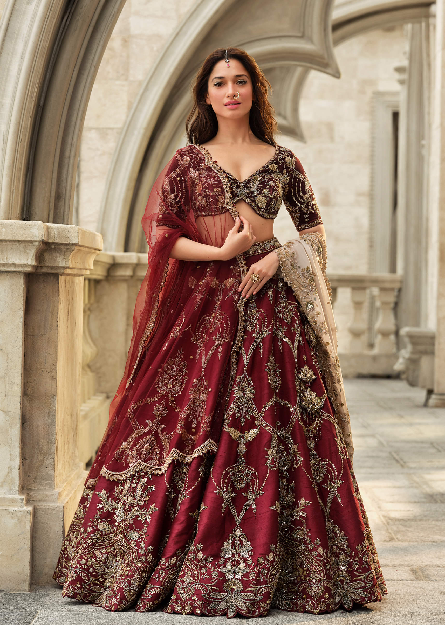 red velvet bridal lehenga with cutdana beads and sequins embroidery 1