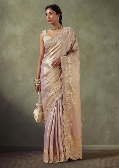 Rose Gold Kanjivaram Tissue Saree With Zardosi Embroidered Border