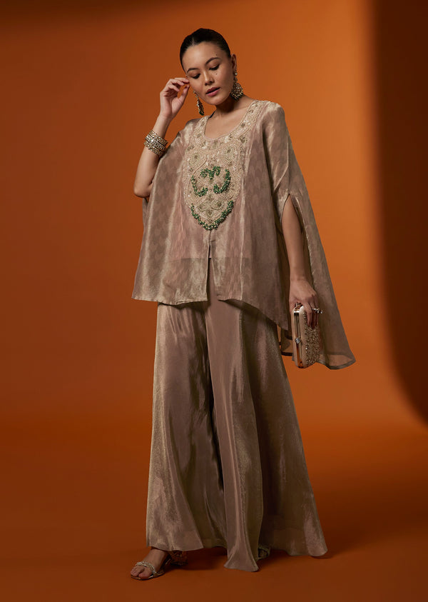 Rose Gold Woven Tissue Kurta Palazzo Set