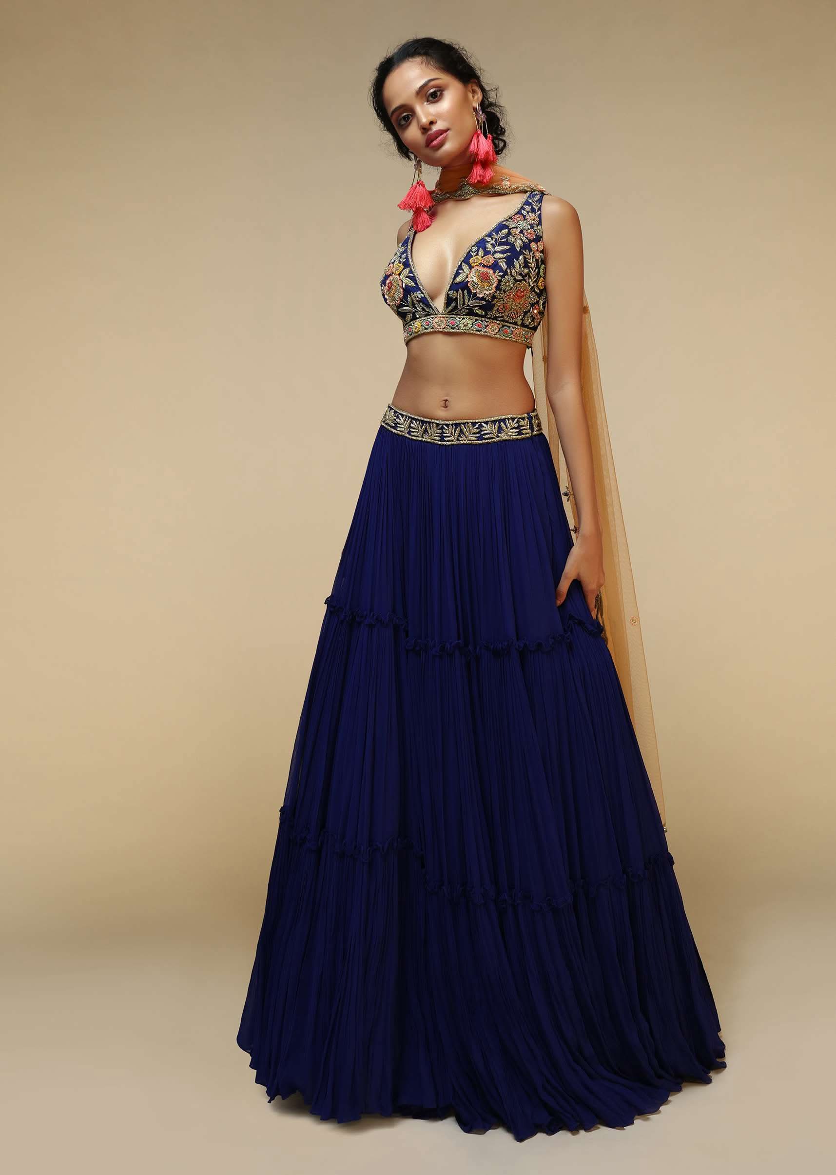 Buy Royal Blue Lehenga Choli With Plunging Neckline And Hand - Main Image