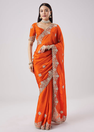 Rust Embroidered Motif Saree With Unstitched Blouse