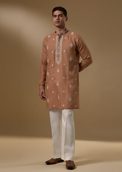 Rust Linen Kurta With Multicolor Resham Threadwork