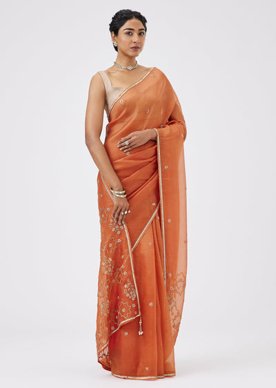 Rust Orange Pure Organza Cutdana Embroidered Saree