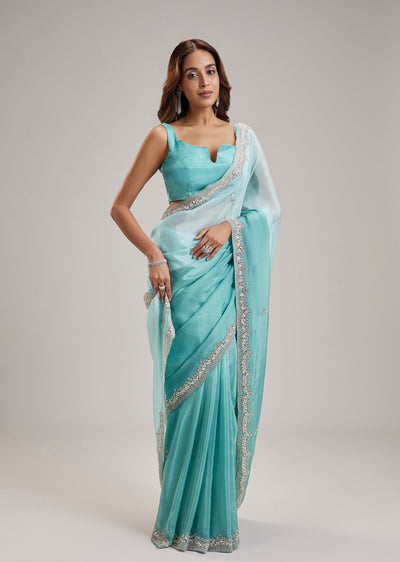 Sea Green Ombre Organza Saree With Cut Dana And Sequin Embellishments