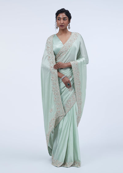 Sea Green Tissue Embellished Border And Pallu Saree With Unstitched Blouse Fabric