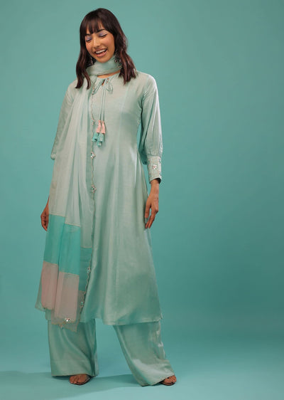 Powder Blue Silk A Line Palazzo Suit With Mirror Work