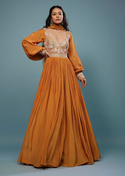 Fire Orange Embroidered Anarkali Suit In Crepe