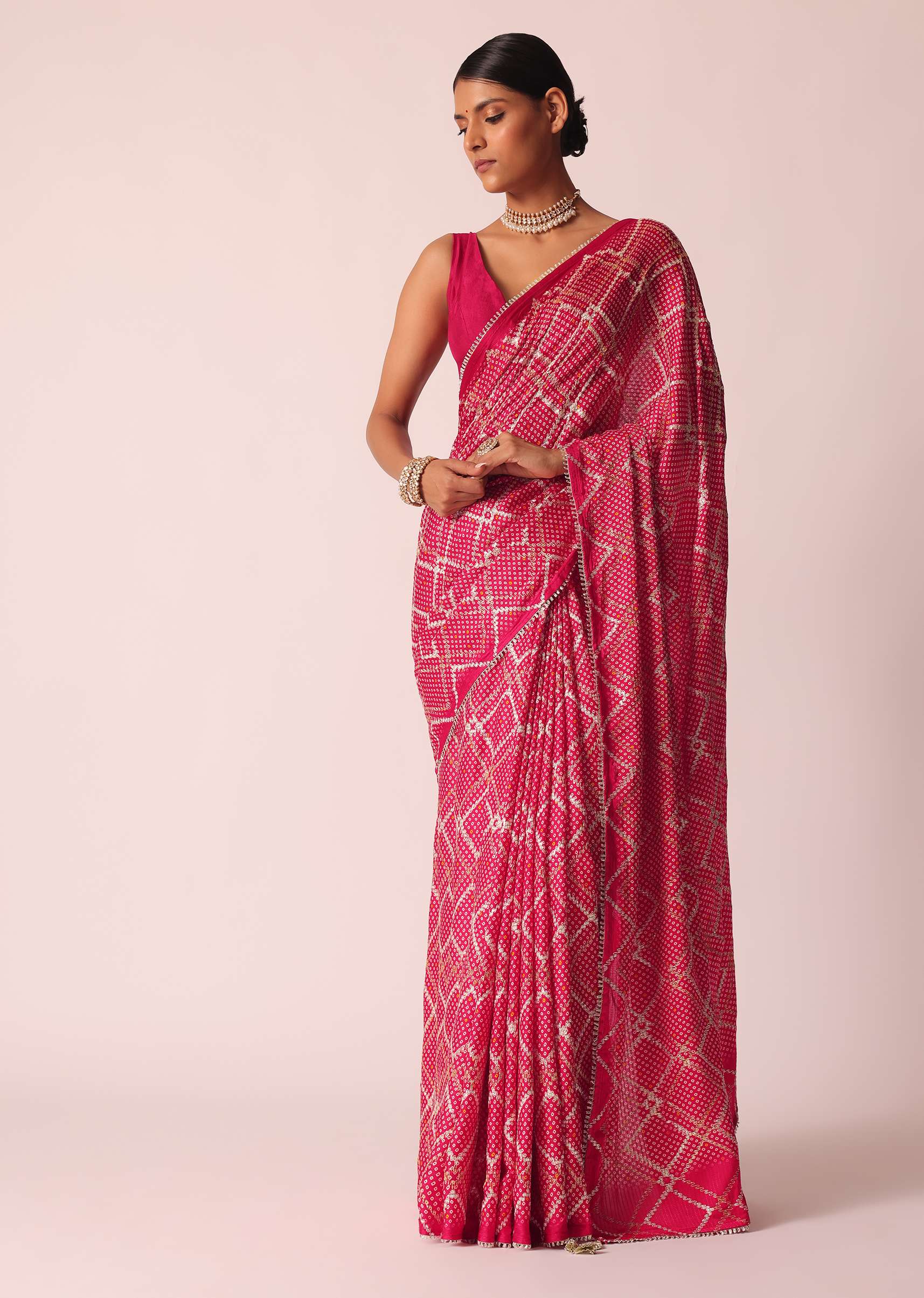 Buy Red Bandhani Print Saree With Gota Patti And Unstitched Blouse