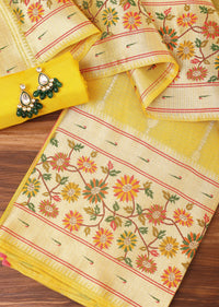 Yellow Silk Pathani Woven Dress Material