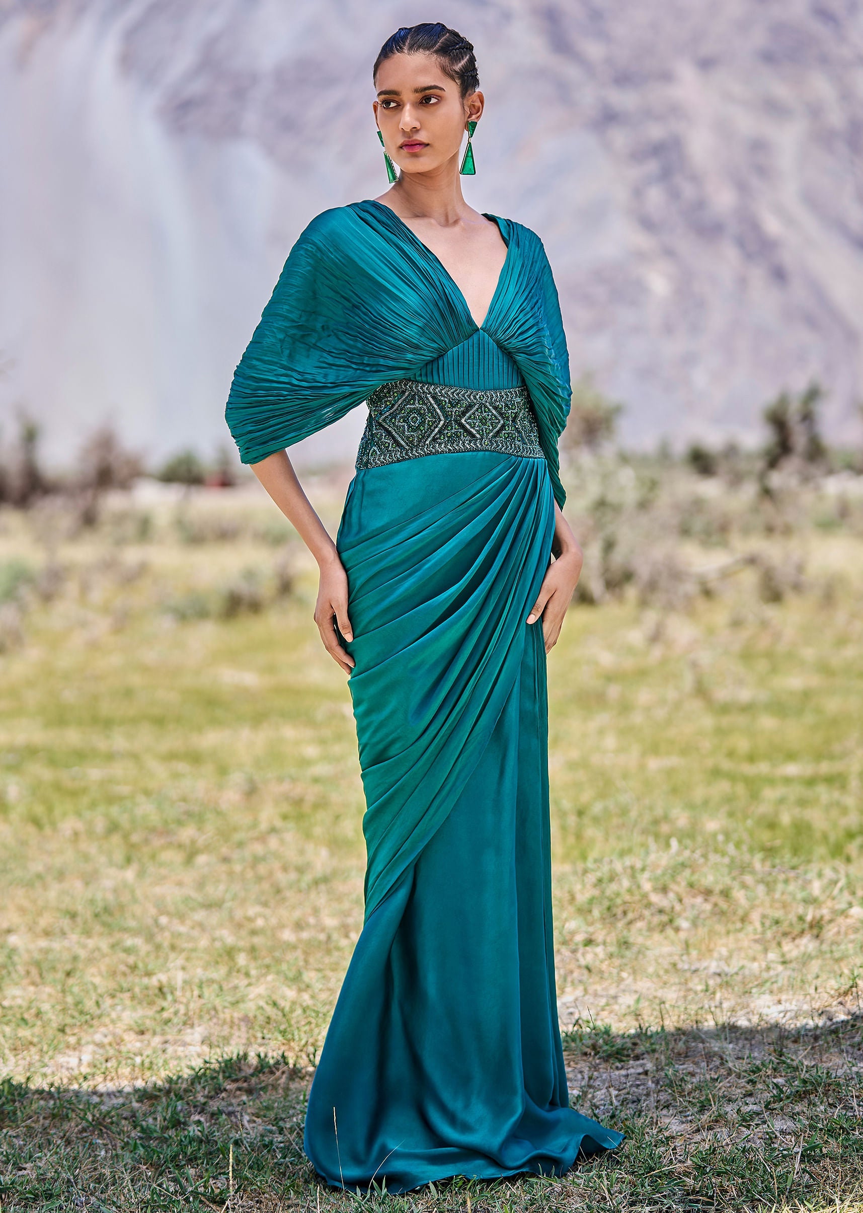 Formal Emerald Green Silk Dress Peacock Green Embroidered Circular Frill  Gown With Long Trail KALKI FASHION