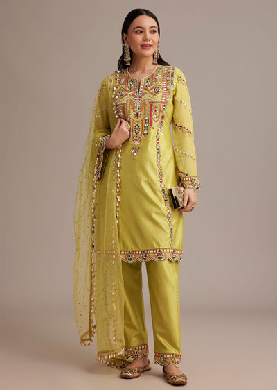 Lemon Yellow Silk Kurta Set With Mirror And Thread Work