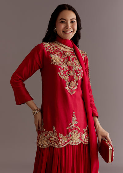 Maroon Chinon Sequin Gota Lace Kurta Skirt Set With Dupatta