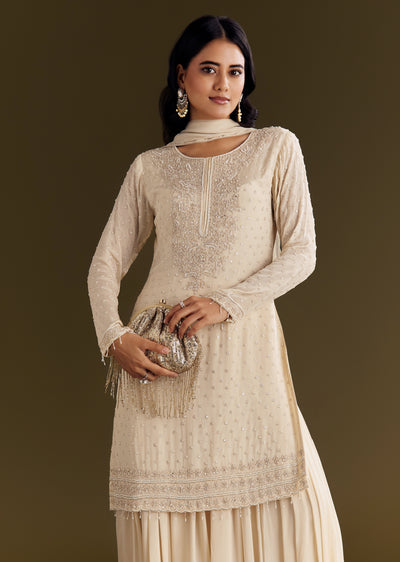 Cream Kurta Palazzo Set With Cutdana And Sequins Work