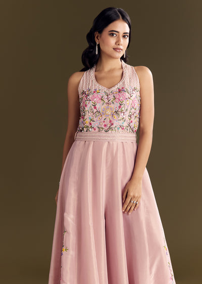 Baby Pink Tissue Halter Neck Jumpsuit With Moti Cutdana Belt