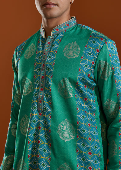 Green Mens Viscose Printed Kurta Set