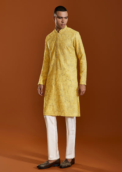 Yellow Tissue Resham Embroidered Kurta Set With Cutdana Beads