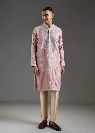 Onion Pink Tissue Kurta Set With All Over Embroidery