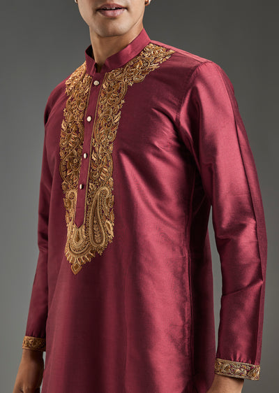 Red Banarasi Silk Kurta Set For Men With Heavy Hand Embroidery