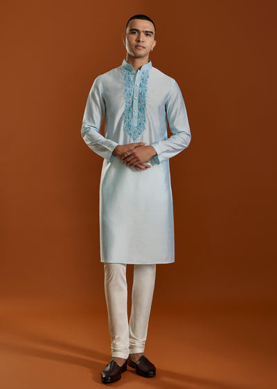 Sky Blue Viscose Resham Work Mens Kurta and Pant Set