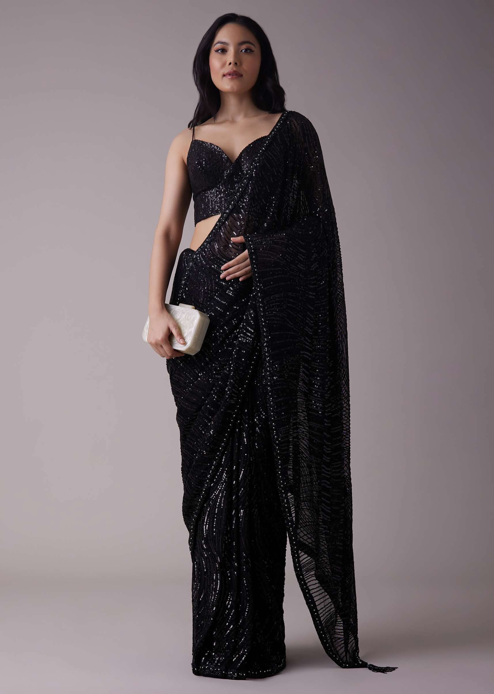 Buy Embellished Border Shimmery Black Sequins Saree Online