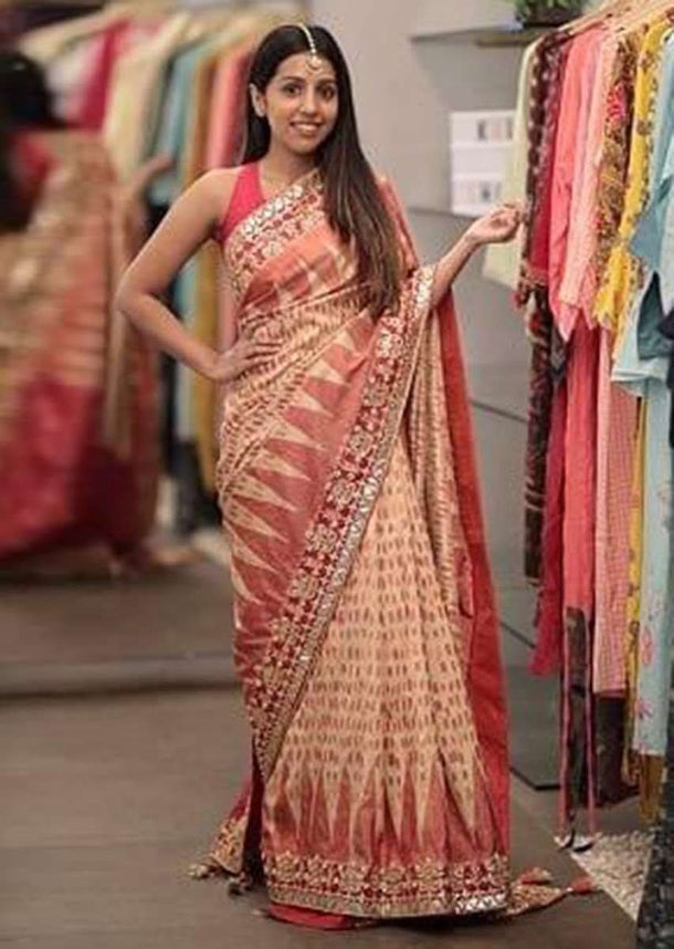 Beige And Red Saree With Ikkat Weaved Patola Pattern Online - Kalki Fashion