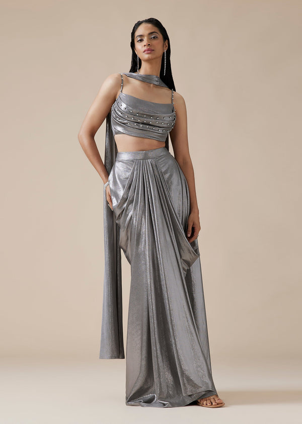 Silver Embellished Drape Skirt Set