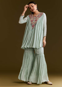 Sky Blue Chinon Flared Kurta Set With Thread Work