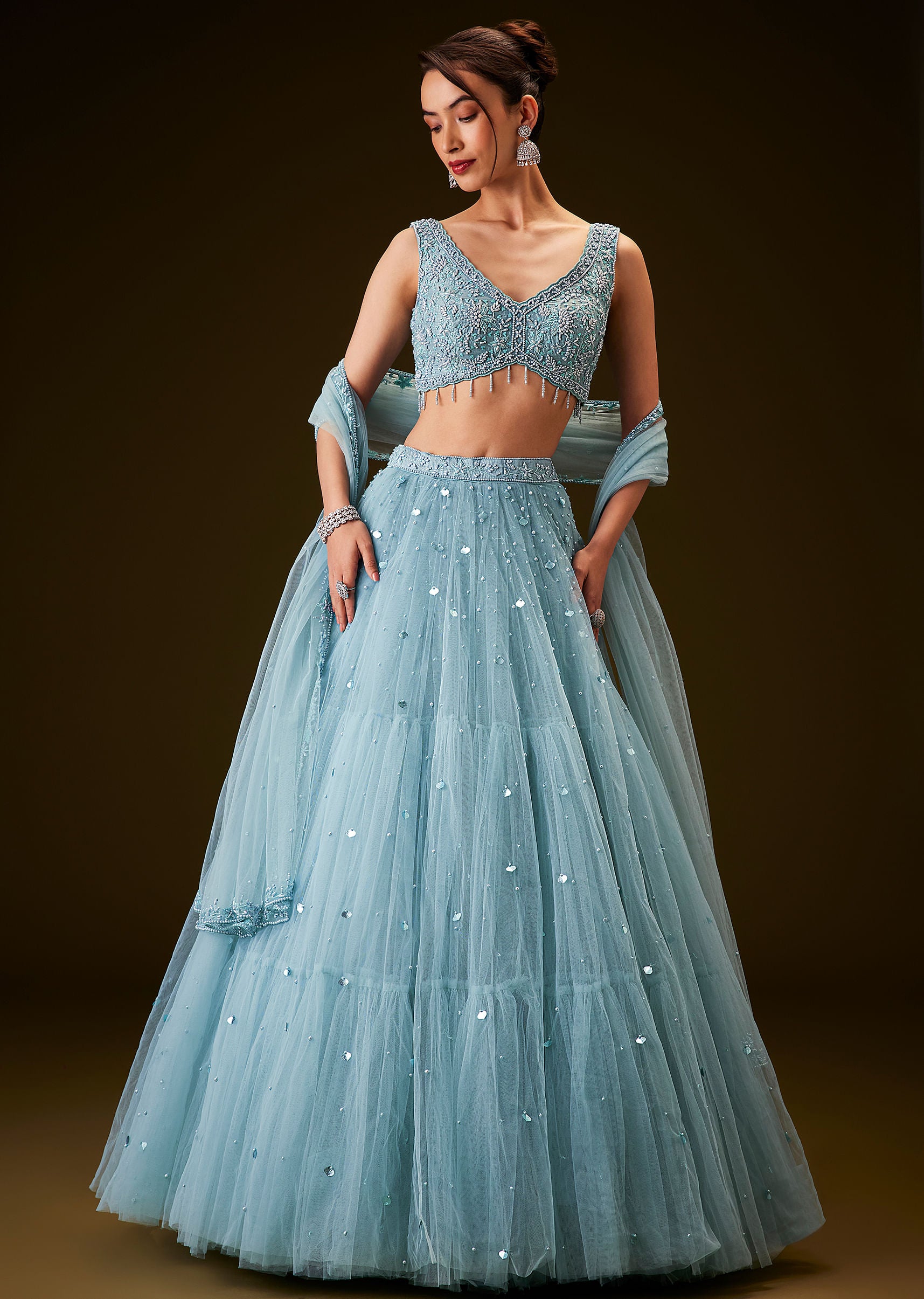 Buy Sky Blue Hand Embroidered Net & Pearl Lehenga Set | KALKI Fashion India Buy Sky Blue Hand Embroidered Net & Pearl Lehenga Set | KALKI Fashion India