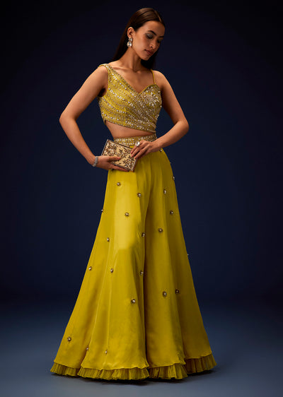 Sunglow Mustard Hand Embroidered Double Layer Frill Jumpsuit