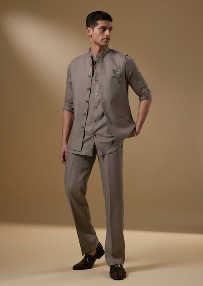Taupe Grey Linen Sequined Kurta Jacket Set