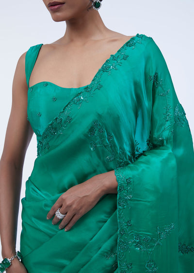 Teal Blue Organza Saree With Cutdana Embroidery And Unstitched Blouse