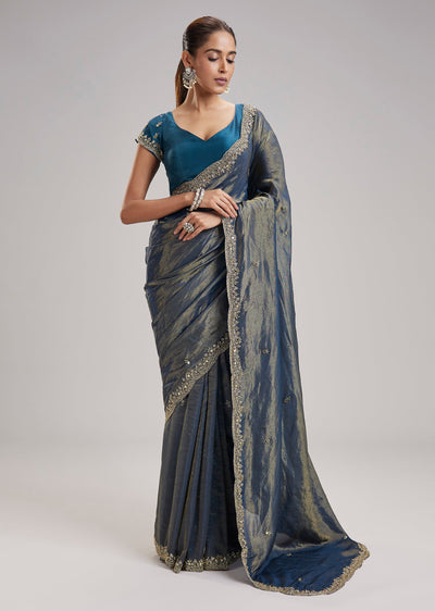 Teal Blue Tissue Organza Saree With Embellished Border