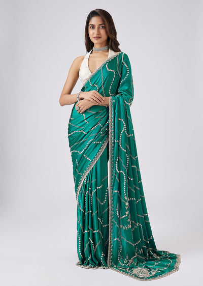 Teal Chinon Saree With Cut Dana And Sequin Jaal Embroidery