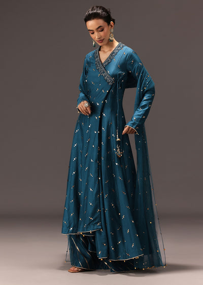 Teal Blue Chanderi Silk Hand Work Angarkha Set