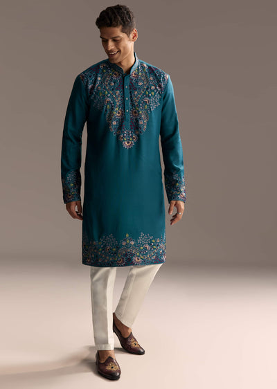 teal blue modal kurta set for men with floral resham-sg322044-1-nosto 7