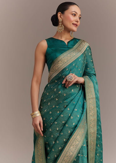 teal green tissue silk saree with zari border-sg276497 10
