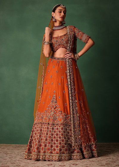 tussar orange embroidered lehenga with scoop neckline blouse-sg268388 7