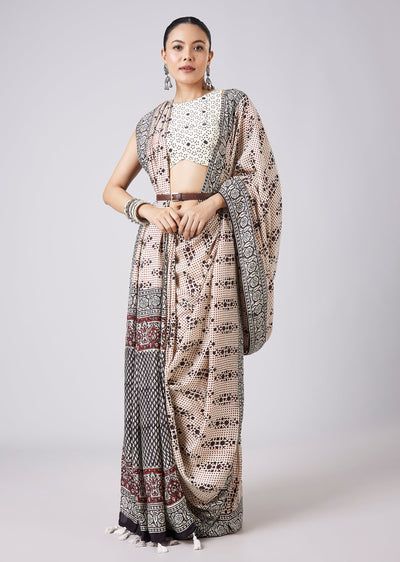 White Block Printed Motif Saree with Unstitched Blouse