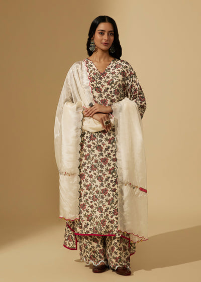 White Chinon Floral Printed Palazzo Suit Set With Zari Embroidery