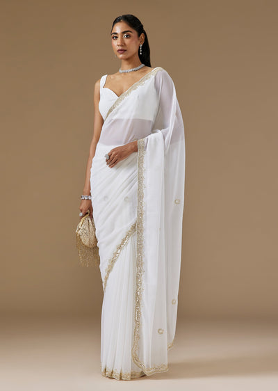 White Georgette Saree With Cut Dana Embroidered Border And Pallu
