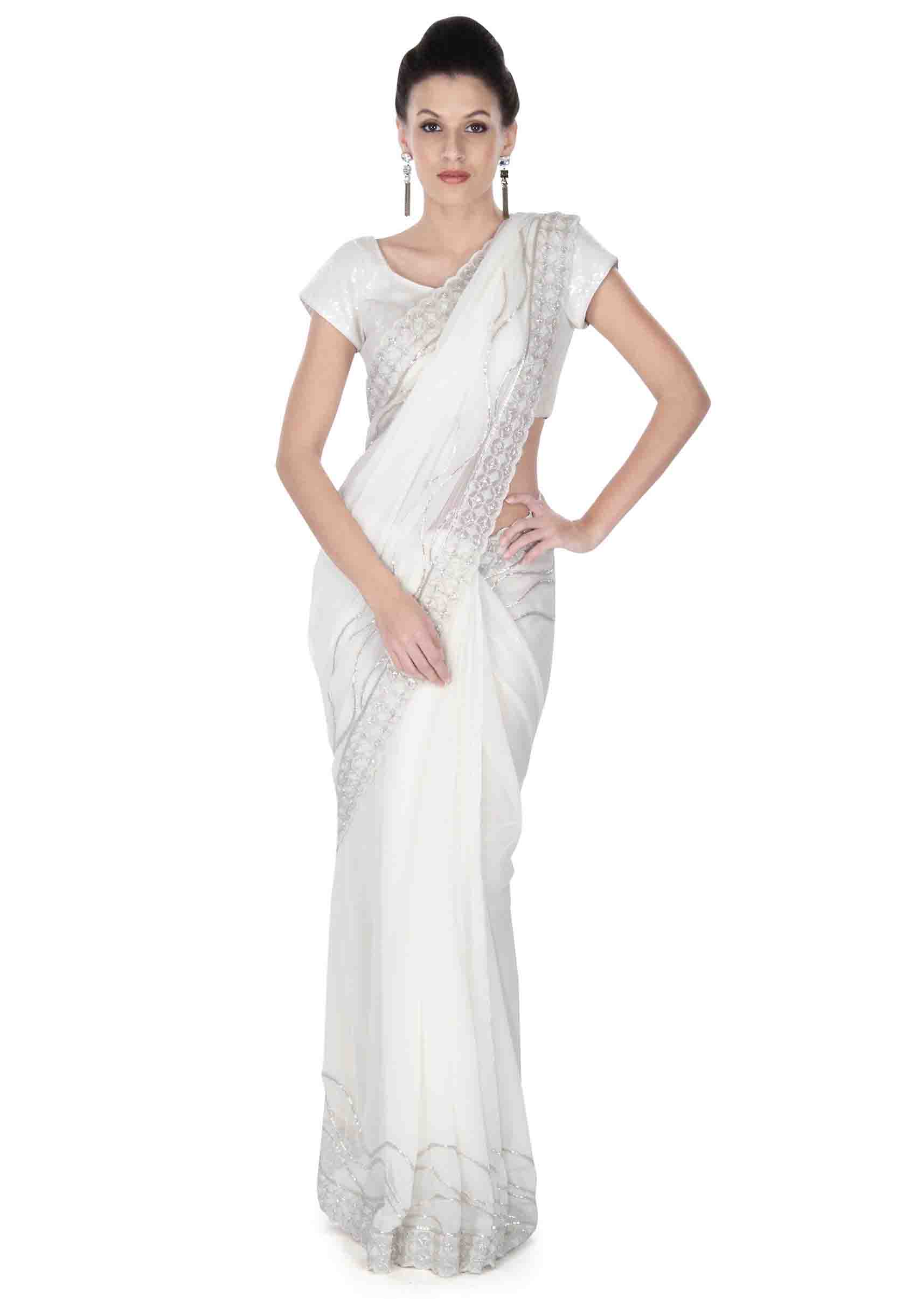 White saree in embroidered butti and border only on Kalki - KALKI Fashion India