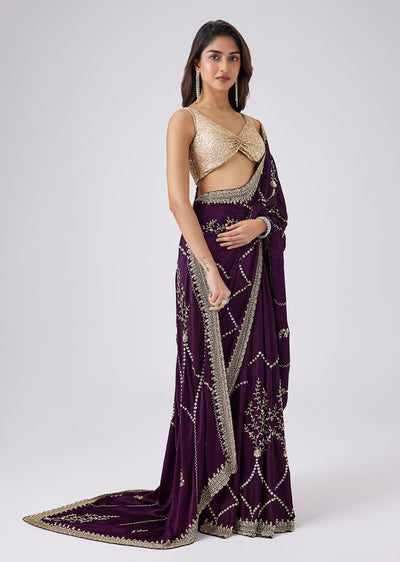Wine Chinon Saree With Cutdana And Jaal Embroidery