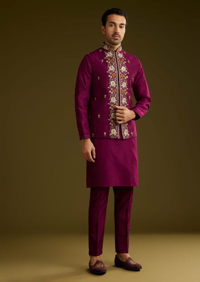 wine-cotton-silk-kurta-set-with-embroidered-lapel-jacket-sg309353-1