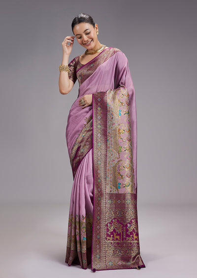 Wine Dola Silk Saree With Contrast Border And Zari Woven Pallu