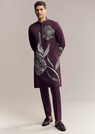 wine-kurta-set-for-men-with-floral-print-and-beads-work-on-suiting-fabric-sg350144-1