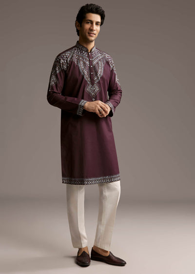wine-linen-kurta-set-for-men-with-thread-embroidery-sg321988-1