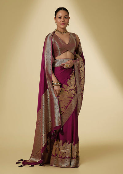 Wine Satin Saree With Gold Zari Leaf Motifs And Floral Brocade Border