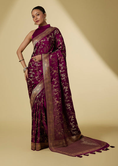 Wine Satin Zari Woven Saree With Floral Jaal Work